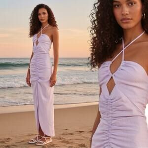 Rumer Revolve NWT 100% Linen Estelle Purple Lilac Halter Maxi Dress Size XS